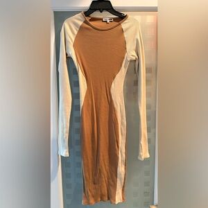 Elegant Tan and Cream Long Sleeve Dress